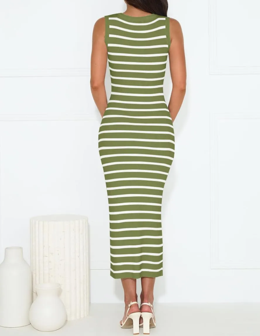 ZESICA Women's Summer Square Neck Bodycon Midi Dresses 2025 Casual Sleeveless Ribbed Knit Striped Beach Vacation Long Dress