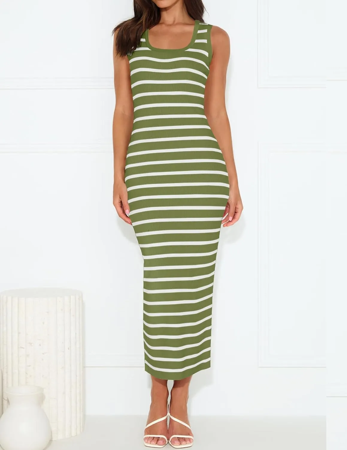 ZESICA Women's Summer Square Neck Bodycon Midi Dresses 2025 Casual Sleeveless Ribbed Knit Striped Beach Vacation Long Dress