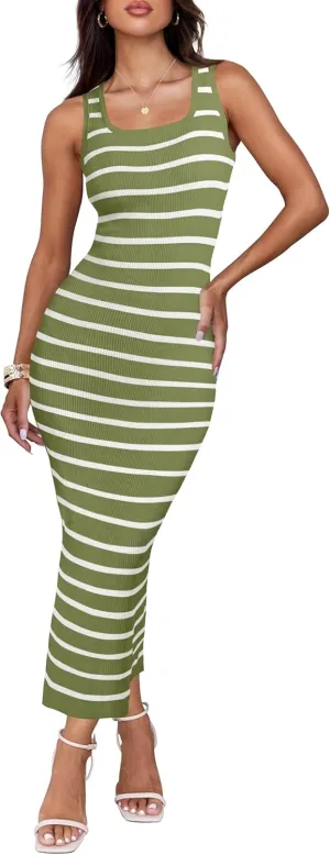 ZESICA Women's Summer Square Neck Bodycon Midi Dresses 2025 Casual Sleeveless Ribbed Knit Striped Beach Vacation Long Dress