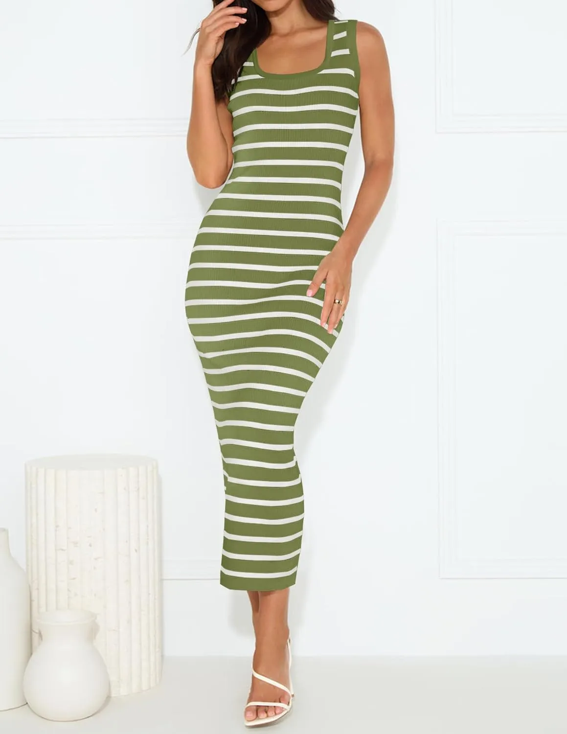 ZESICA Women's Summer Square Neck Bodycon Midi Dresses 2025 Casual Sleeveless Ribbed Knit Striped Beach Vacation Long Dress
