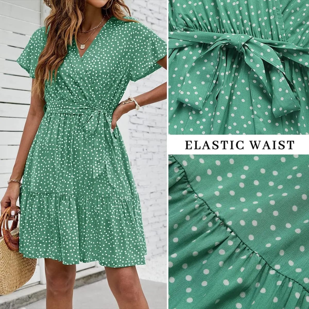 ZESICA Women's Summer Wrap V Neck Bohemian Floral Print Ruffle Swing A Line Beach Mini Dress