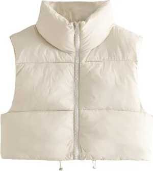 Zhiyouni Womens Cropped Puffer Vest Lightweight Sleeveless Stand Collar Short Padded Vest Gilet