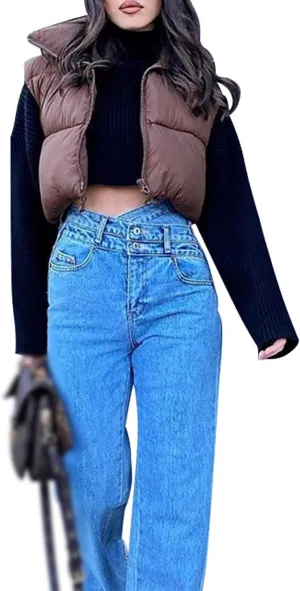 Zhiyouni Womens Cropped Puffer Vest Lightweight Sleeveless Stand Collar Short Padded Vest Gilet
