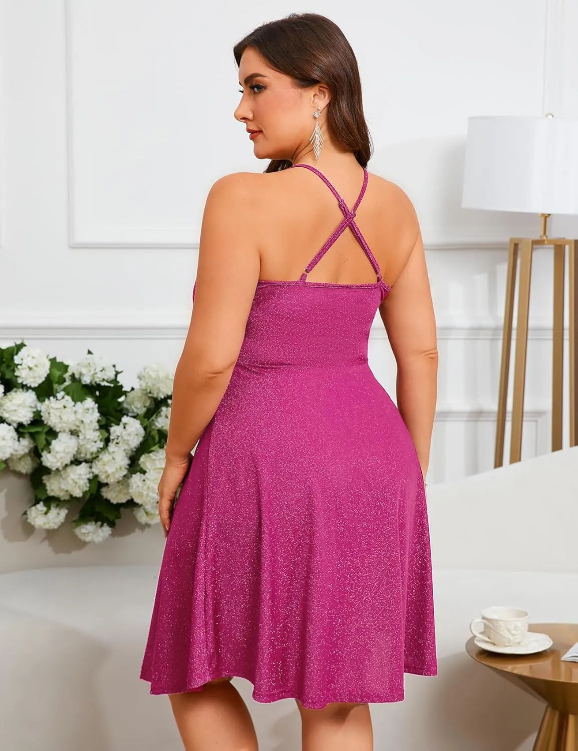 ZOMVA Plus Size 0X-4X Sparkly Glitter Sleeveless Aline Mini Dress Sparkle Wrap Spaghetti Strap Sexy Dress Cocktail Party Club