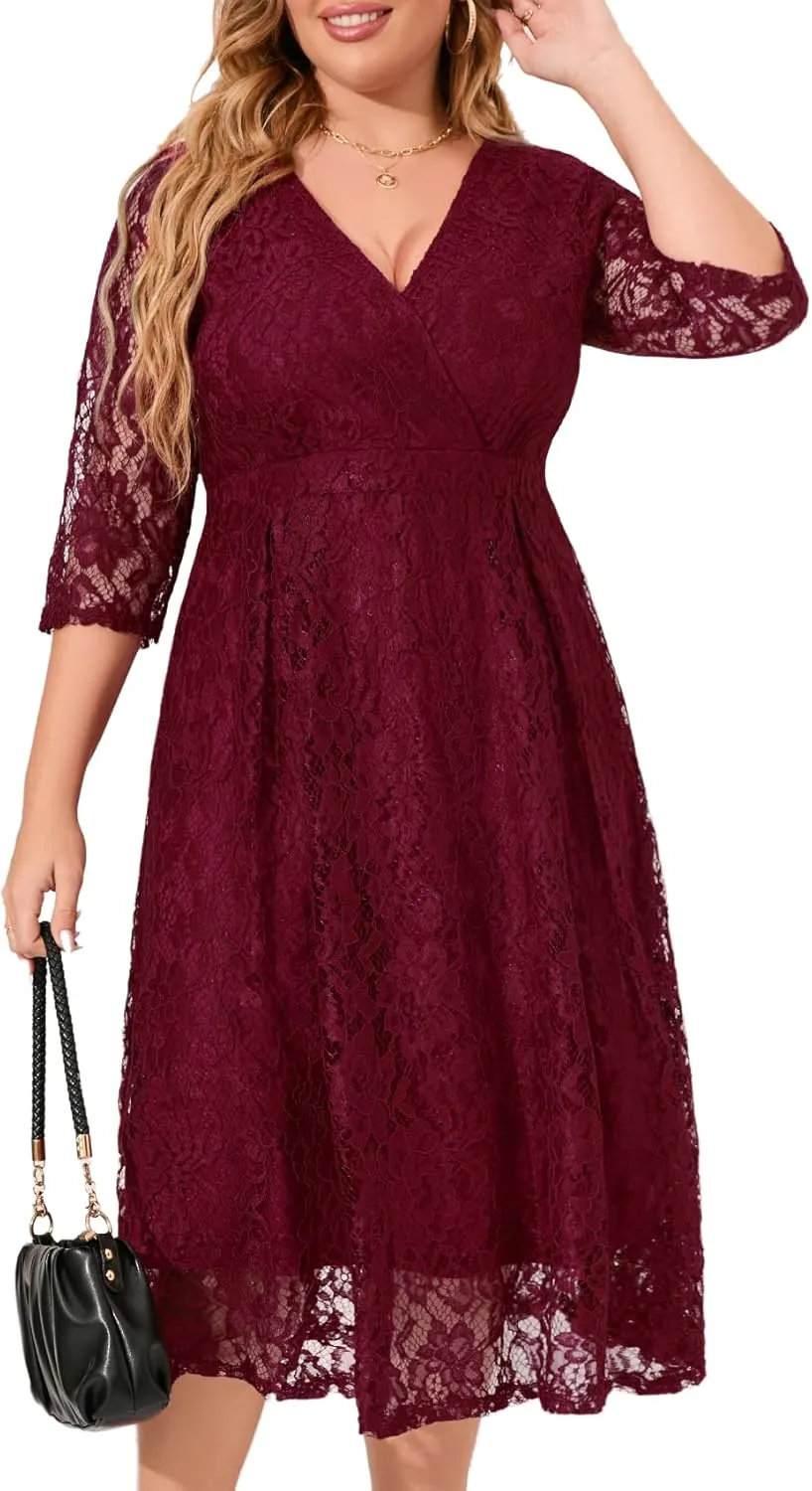 ZOMVA Plus Size Lace Dress 1X-4X Wedding Guest Cocktail V Neck Wrap Dress Midi 3/4 Sleeves, Burgundy, 18W
